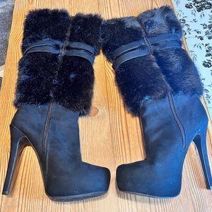 6 inch heel black boots with fur